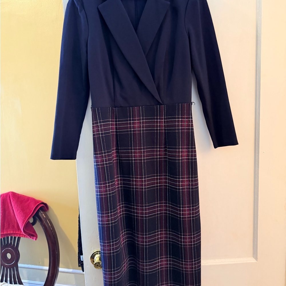 Eliza J Navy Top Burgundy Plaid Long Sleeve Dress